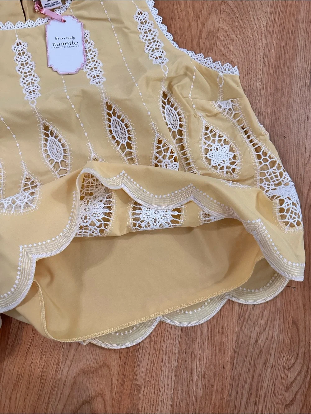 Nanette Lepore Pale Yellow Cotton Top with White Crochet Trim